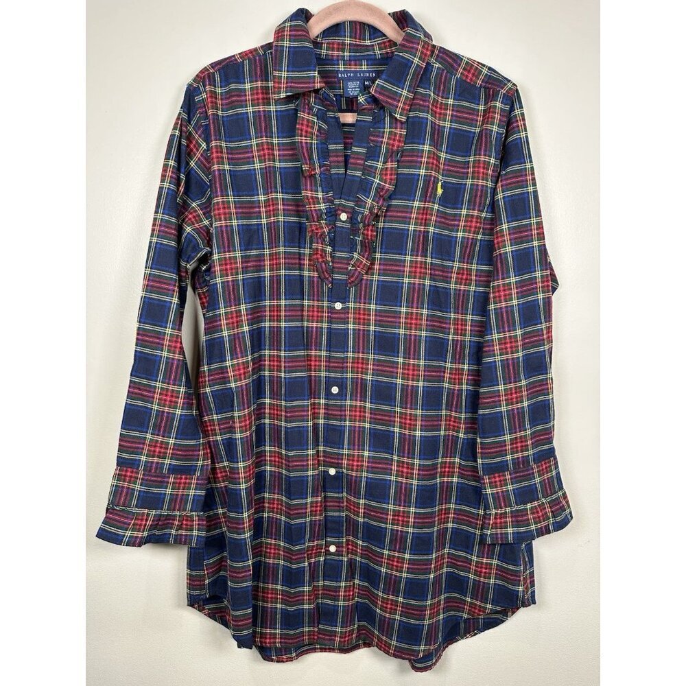 Ralph Lauren Plaid 100% Cotton Ruffle Flannel Shirt Dress Medium Large Preppy